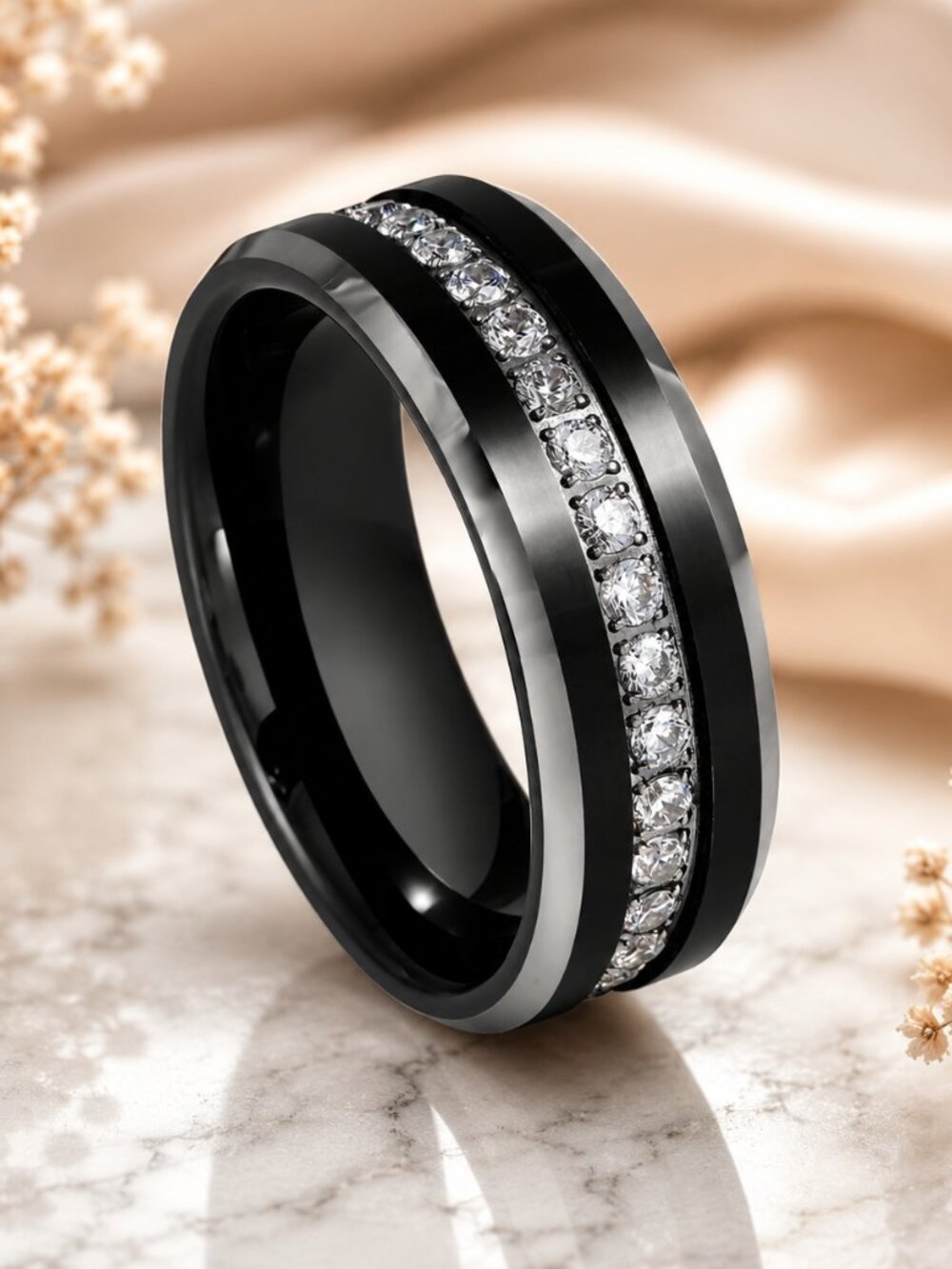 "Black Tungsten with Silver Beveled Tungsten Ring with CZ Inlay, GALTUN1028-11